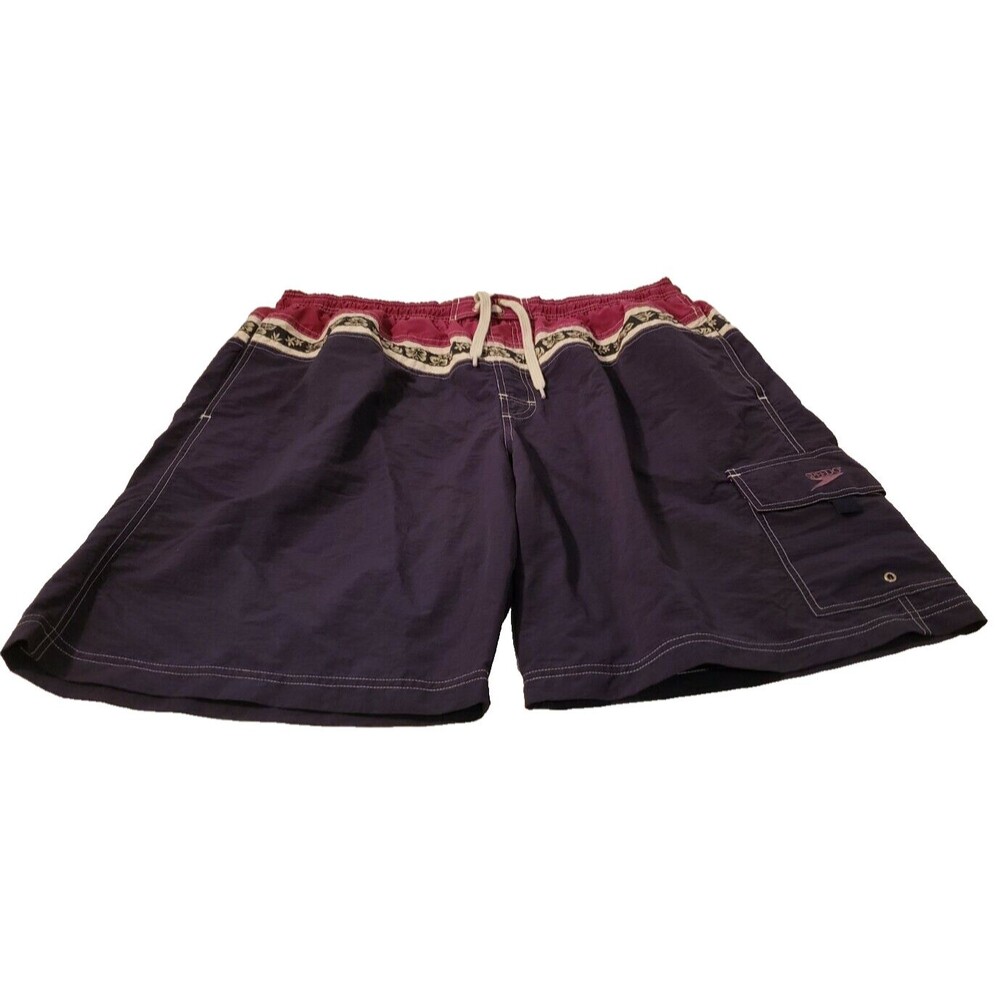 Speedo Y2K Vintage Board Shorts Mens XL Navy Burgundy Hibiscus Cargo Nylon GUC